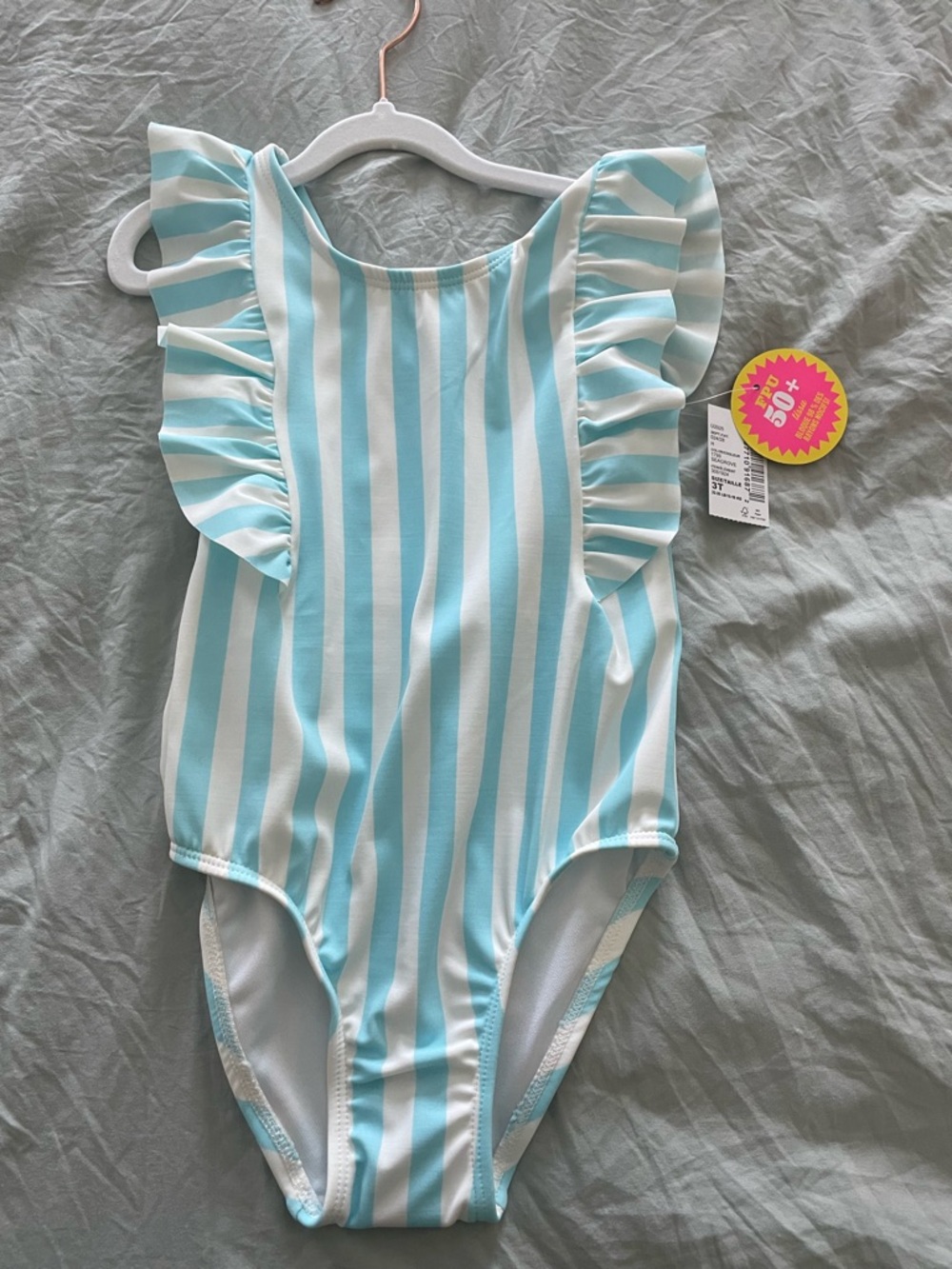 The Children's Place Aqua and White Stripe Ruffle One-Piece Swimsuit